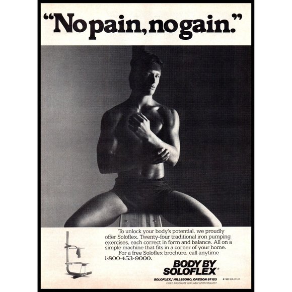 1983 Soloflex Weightlifting Machine Vintage Print Ad No Pain No Gain Wall Art - Picture 1 of 1